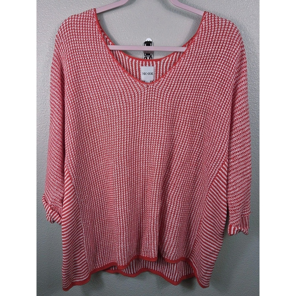 NIC+ZOE Linen Blend Knit Top XL Red White Lightweight Textured Sweater